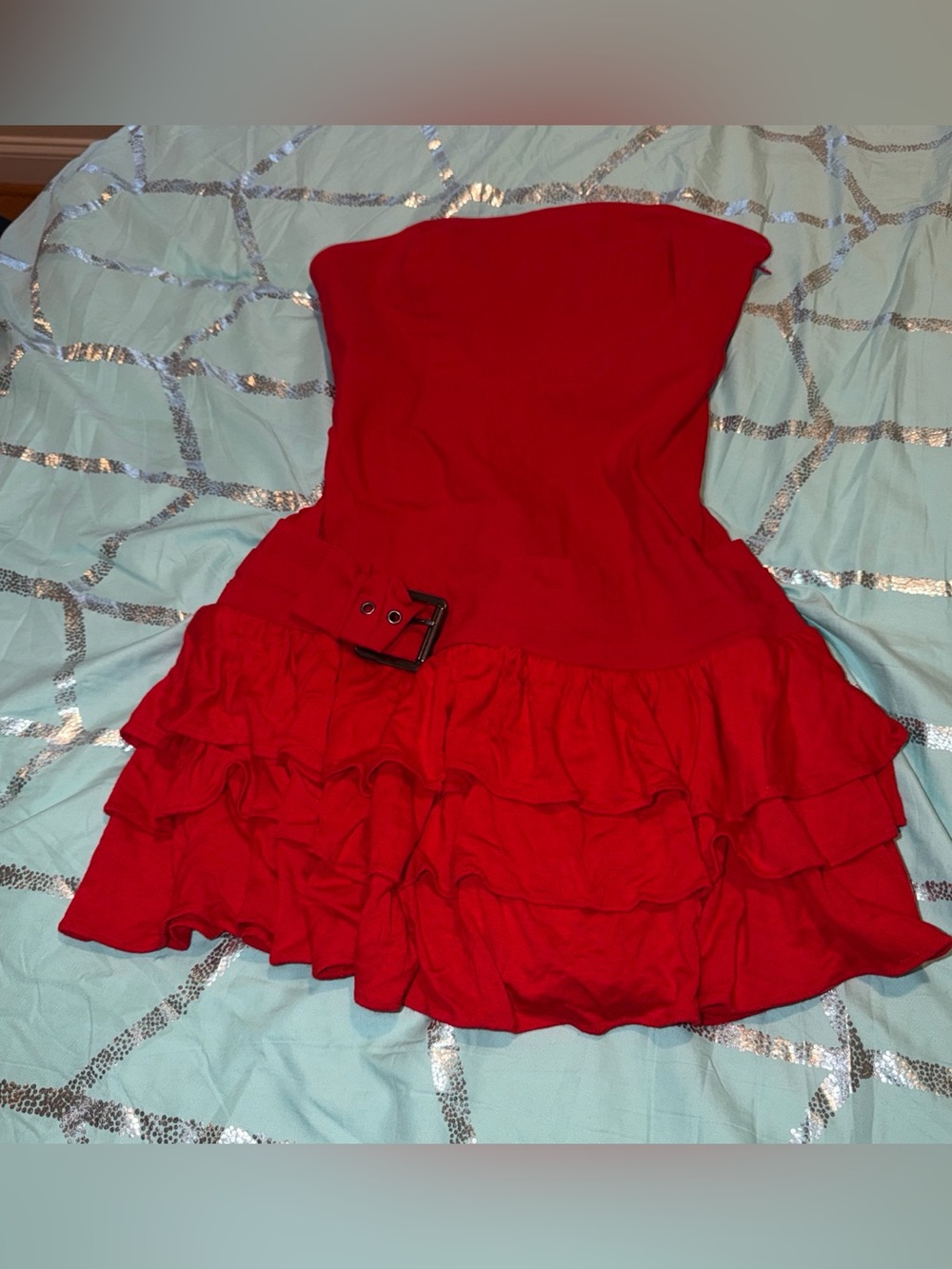 Urban Outfitters Red Strapless Ruffle Mini Dress with Black Buckle Accent